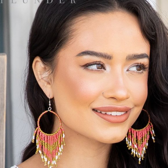 New Coral and Gold beaded long earrings - Misty - Picture 2 of 6